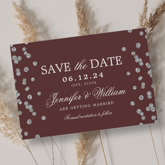 Elegantes Script Wedding Silver Confetti Burgundy Save The Date