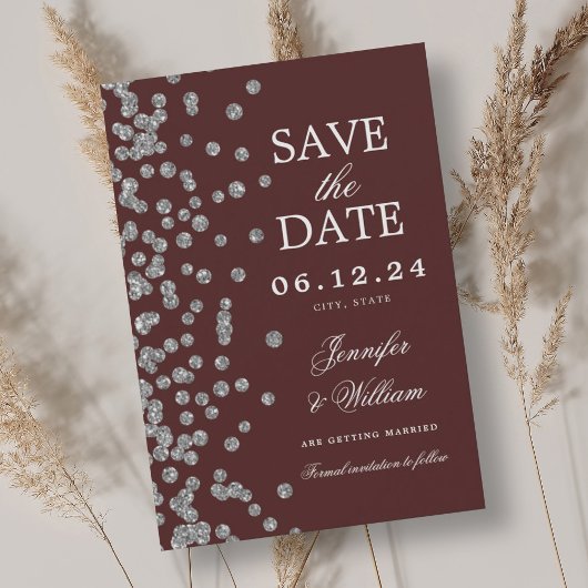 Elegantes Script Wedding Silver Confetti Burgundy Save The Date