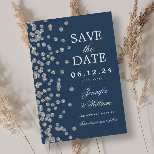 Elegantes Script Wedding Silver Confetti Navy Save The Date