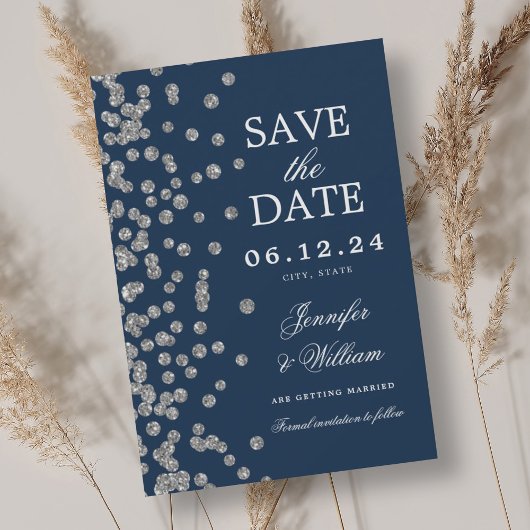 Elegantes Script Wedding Silver Confetti Navy Save The Date