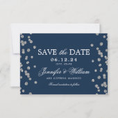 Elegantes Script Wedding Silver Confetti Navy Save The Date (Vorderseite)
