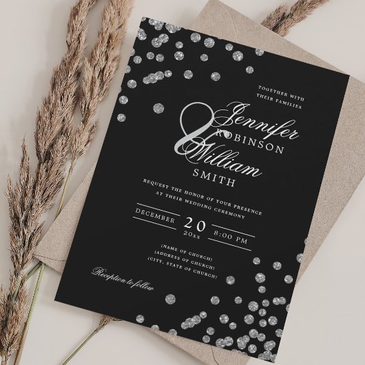 Elegantes Script Wedding Silver Confetti QR Black Einladung