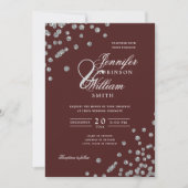Elegantes Script Wedding Silver Confetti QR Burgun Einladung (Vorderseite)