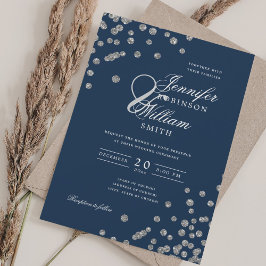 Elegantes Script Wedding Silver Confetti QR Navy Einladung