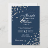 Elegantes Script Wedding Silver Confetti QR Navy Einladung (Vorderseite)