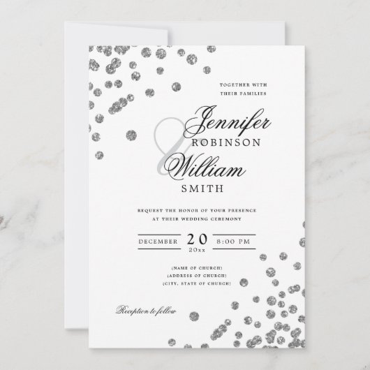 Elegantes Script Wedding Silver Confetti QR UAWG Einladung (Vorderseite)