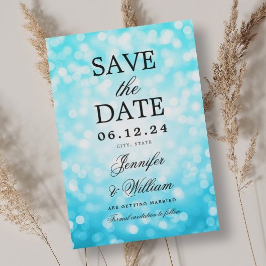 Elegantes Script Wedding Türkise Bokeh Lights Save The Date