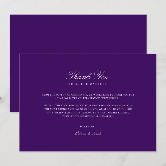 Elegantes Script Weiß & Lila Danke Karte (Vorne/Hinten)