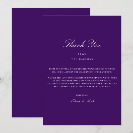 Elegantes Script Weiß & Lila Danke Karte (Vorne/Hinten)