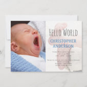 Elegantes Script Welcome Baby Foto Blue Birth Ankündigung (Vorderseite)