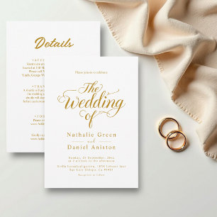 Elegantes Script White and Gold Klassik Hochzeit Einladung
