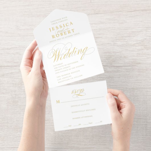 Elegantes Script White Calligraphy Wedding Foil All-in-One-Einladung (Abreißstreifen)