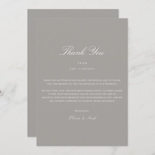 Elegantes Script White & Gray Dankeschön Karte (Vorne/Hinten)
