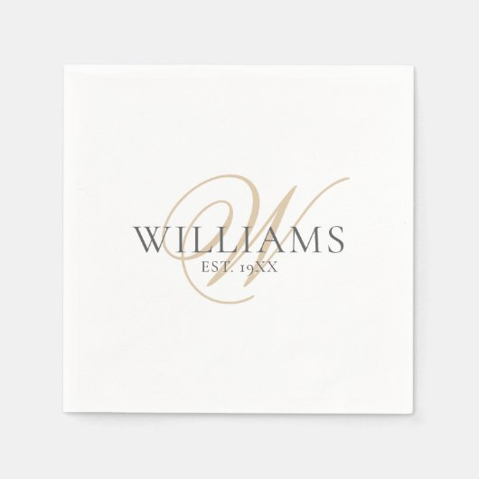 Elegantes Script White Gray Gold Monogram Serviette (Vorderseite)