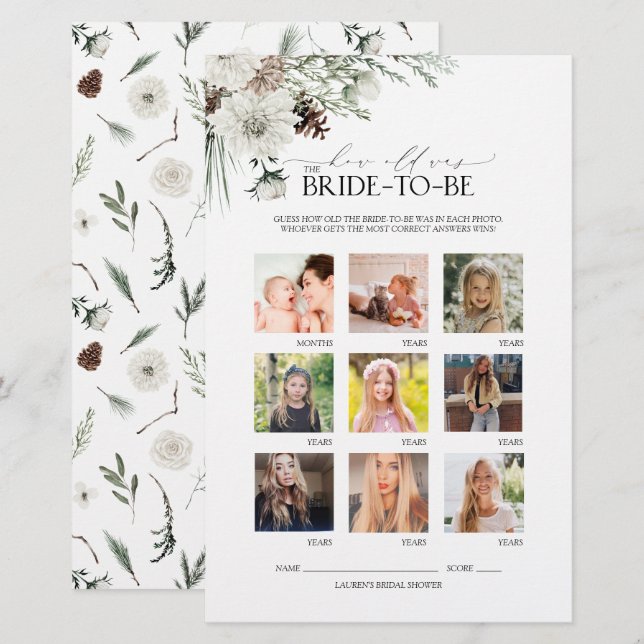 Elegantes Script Winter Floral Brautparty Game (Vorne/Hinten)