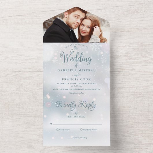 Elegantes Script Winter Snowflakes Foto Hochzeit All In One Einladung (Innen Boden)