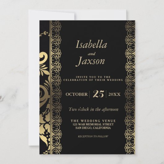 Elegantes Scroll Schwarz und Gold Einladung (Vorderseite)