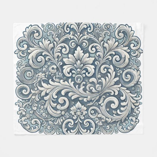 Elegantes Scrolling Damask Muster in Soft Blue und Fleecedecke (Vorderseite (Horizontal))