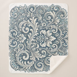 Elegantes Scrolling Damask Muster in Soft Blue und Sherpadecke