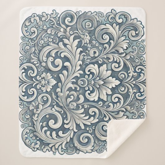 Elegantes Scrolling Damask Muster in Soft Blue und Sherpadecke (Vorderseite)
