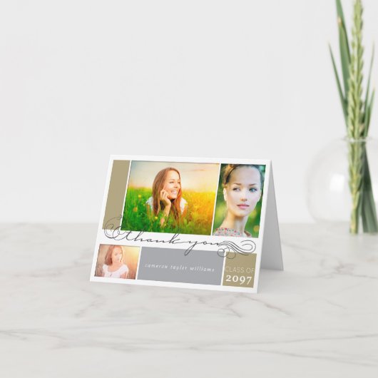 Elegantes Scrolls Script Abschluss 3 Multi-Foto Dankeskarte (Vorderseite)