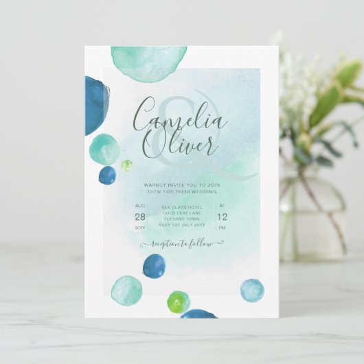 Elegantes Sea Glass Watercolor Boho Wedding Einladung (Stehend Vorderseite)
