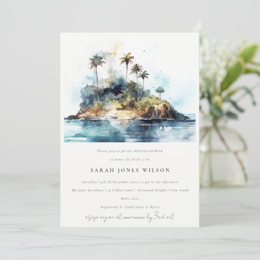 Elegantes Seascape Palm Tree Island Brautparty Einladung (Stehend Vorderseite)