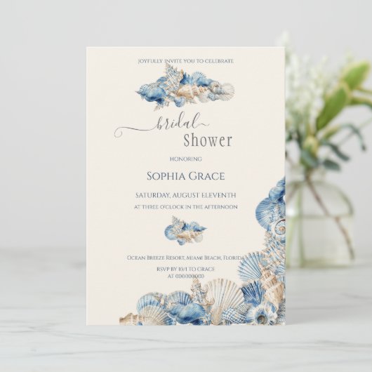 Elegantes Seashell Border-Brautparty Einladung (Stehend Vorderseite)