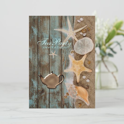 elegantes seashells Beach Brautparty Tee Party Einladung (Stehend Vorderseite)