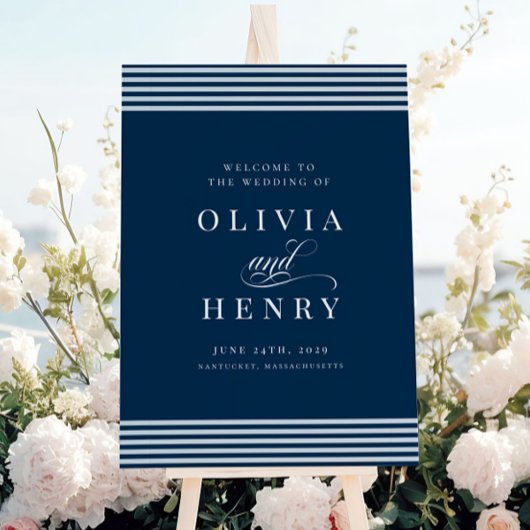 Elegantes Seaside Coastal Blue Stripe Hochzeitssym Poster