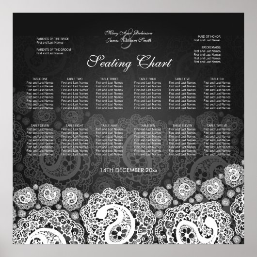 Elegantes Seating Chart Paisley Lace Black Poster