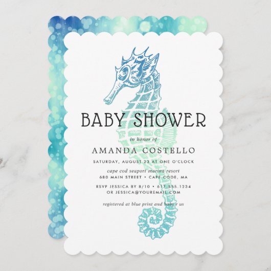 Elegantes Seepferd Kinderdusche Einladung (Vorne/Hinten)