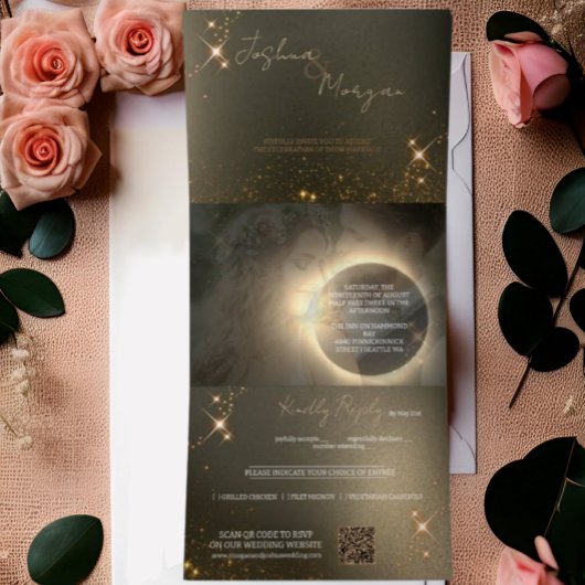 Elegantes Sepia Solar Eclipse Custom Foto Wedding Dreifach Gefaltete Einladung
