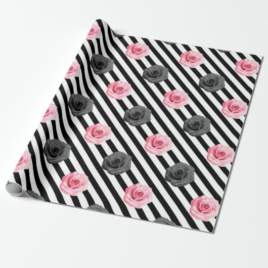 Elegantes Shabby Chic Rosa und schwarze Rose Strei Geschenkpapier (Ungerollt)