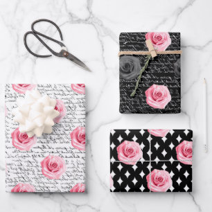 Elegantes Shabby Chic Rosa und schwarze Rose Strei Geschenkpapier Set