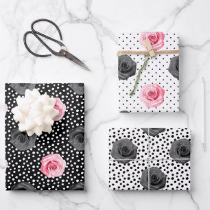 Elegantes Shabby Chic Rosa und schwarze Rose Strei Geschenkpapier Set