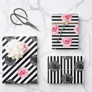 Elegantes Shabby Chic Rosa und schwarze Rose Strei Geschenkpapier Set