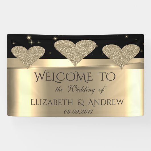 Elegantes Shiny Gold Glitzer Hearts Wedding Banner (Horizontal)