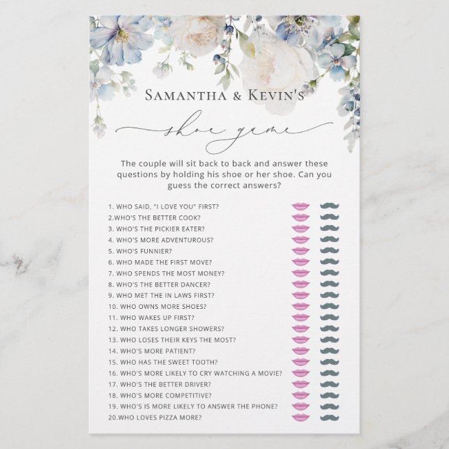 Elegantes Shoe Game des Blue Floral Brautparty (Vorderseite)