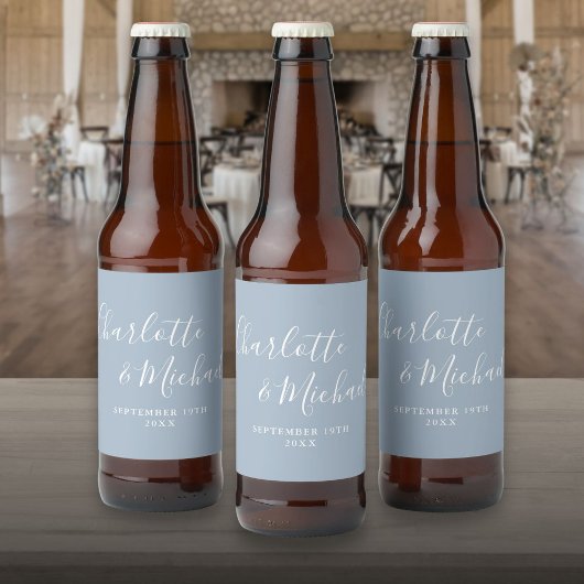 Elegantes Signature Script Dusty Blue Wedding Bierflaschenetikett