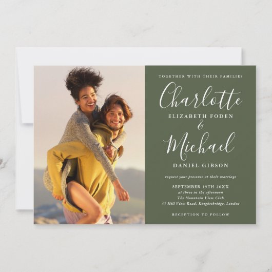 Elegantes Signature Script Foto Olive Green Weddin Einladung (Vorderseite)