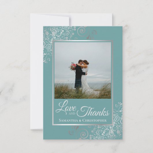 Elegantes Silber & Aquamarines Foto & Note Wedding Dankeskarte (Vorderseite)