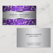 Elegantes Silber blühen das verzierte lila Muster Visitenkarte (Vorne/Hinten)