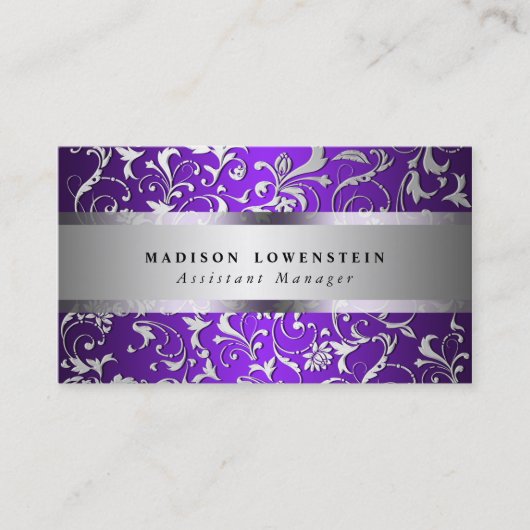 Elegantes Silber blühen das verzierte lila Muster Visitenkarte (Vorderseite)
