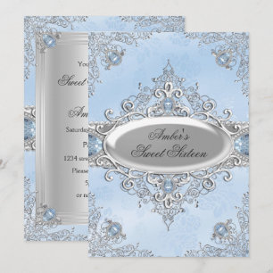Elegantes Silber-Damaskus & Blaues Juwel Sweet Six Einladung