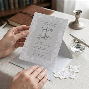 Elegantes Silber-Grau Vintage-Spitze-Blumen-Hochze Einladung