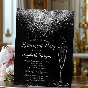 Elegantes Silber-Konfetti-Glas schwarze Pensionier Einladung