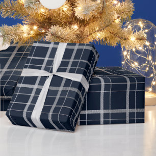 Elegantes Silber Navy Luxe Gitter Stahl Karomuster Geschenkpapier