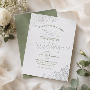 Elegantes Silber & Salbei Grün auf Weißer Hochzeit Folieneinladung