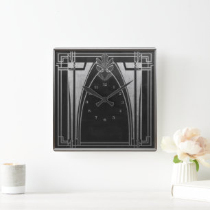 Elegantes Silber-Schwarz Art Deco Quadratische Wanduhr